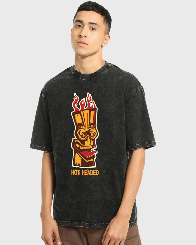 بيواكوف Men's Black Hot Headed Graphic Printed Oversized Acid Wash T-shirt